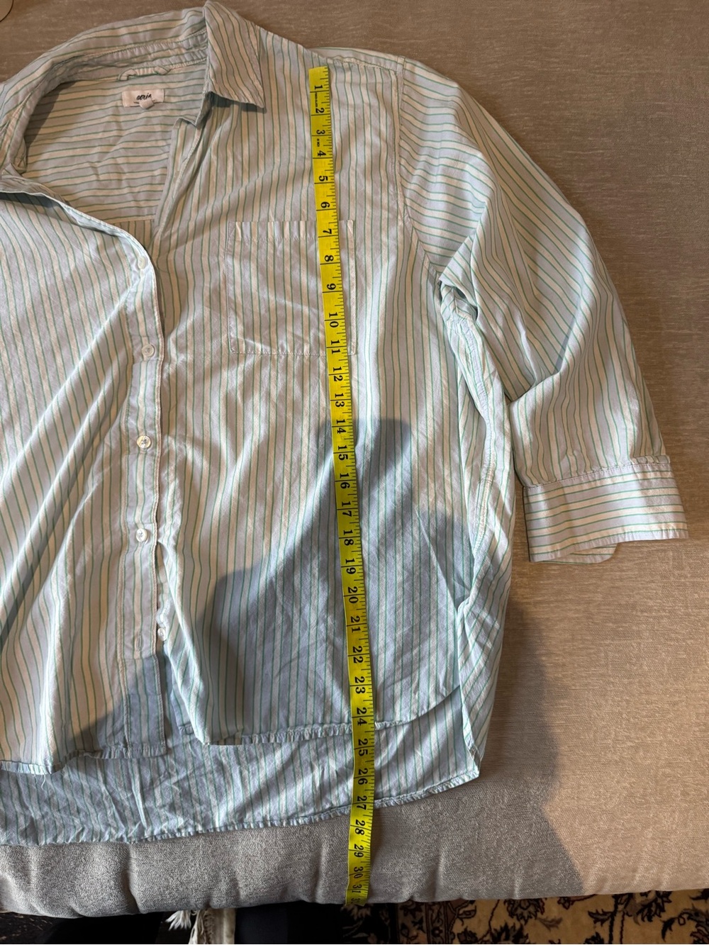 Aerie 100% Cotton Blue Green Striped Button Down Shirt XL Oversized Pocket Top - Picture 8 of 9